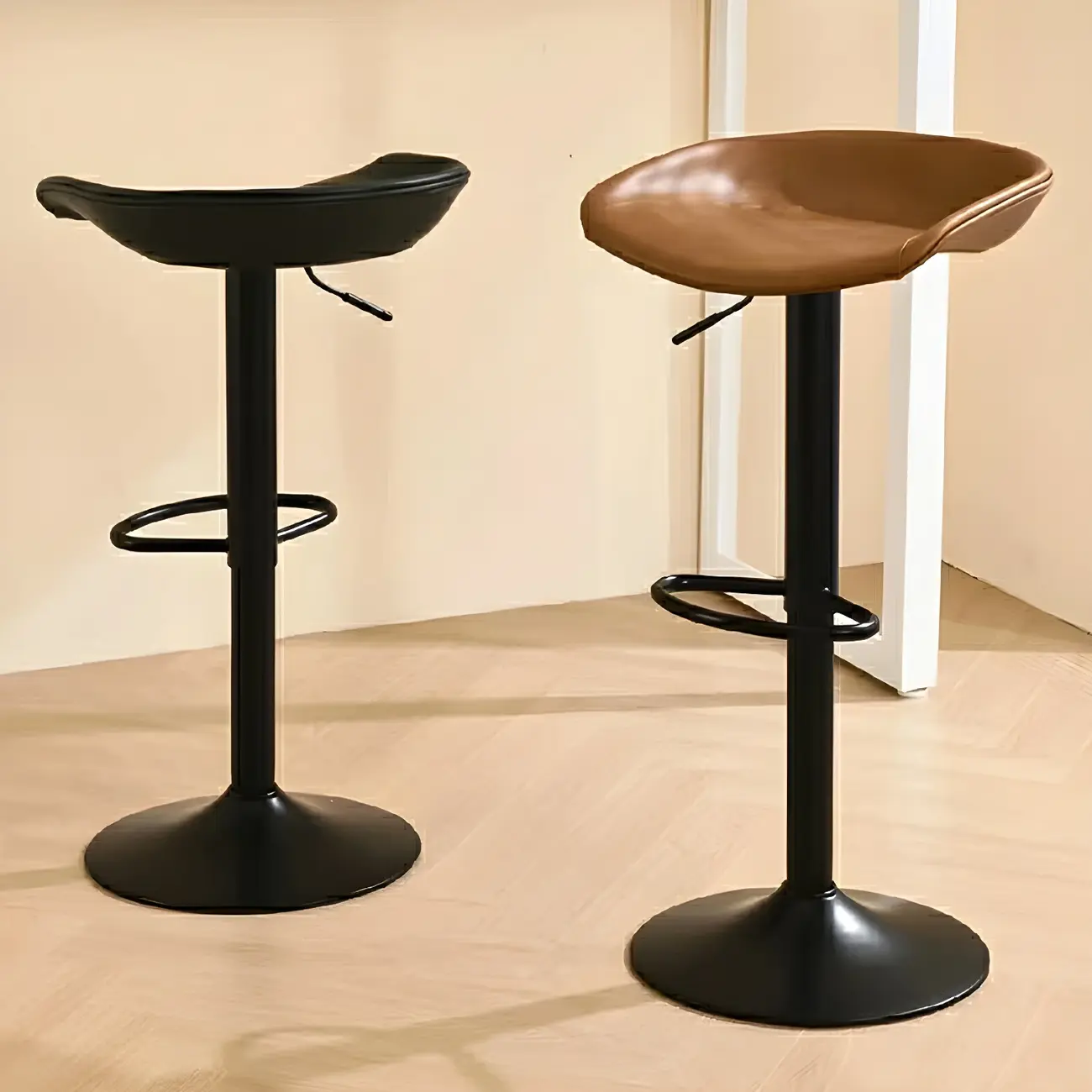 Modern Leather Black Pedestal Swivel Adjustable Bar Stool