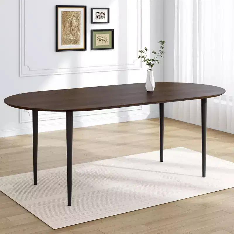 PexFix 67 Oval Wooden Dining Table for 4-6 Thickened Tabletop with Black Metal Legs Modern Kitchen Table for Dining/Living Room Kitchen in Walnut