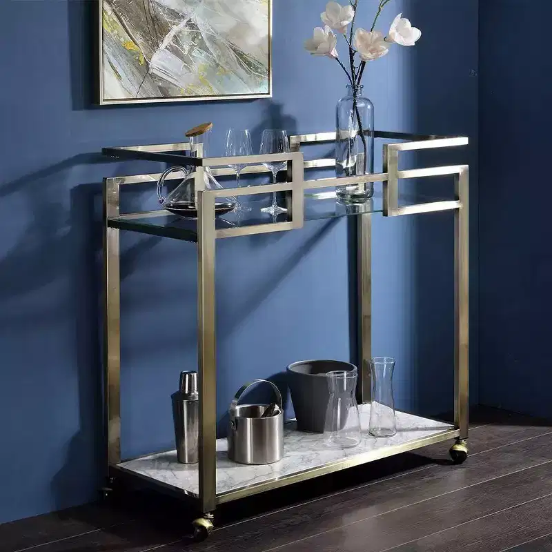 Acme Furniture Neilo Faux Marble Top Bar Serving Cart Clear Glass/Wire Brass Finish