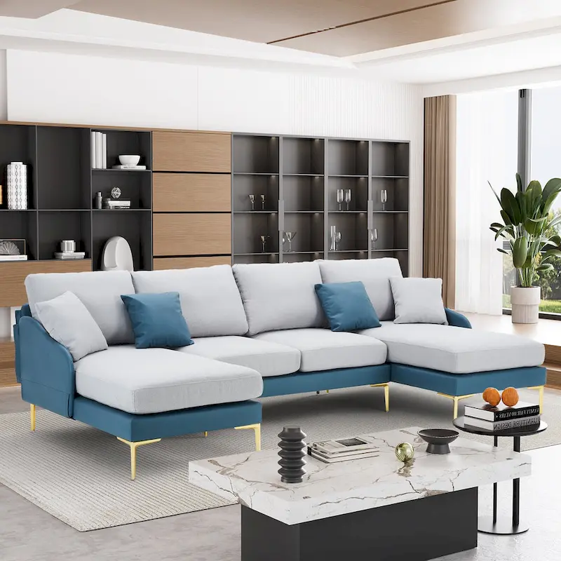 U-Shape Sectional Sofa 4-Seat Couch with Double Chaise Lounge