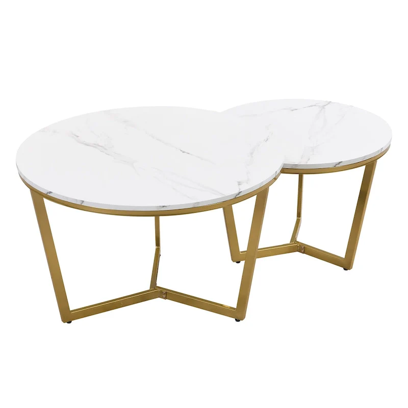 Modern Round Nesting Coffee Table Set 2-Piece White & Marbling Top Gold Base