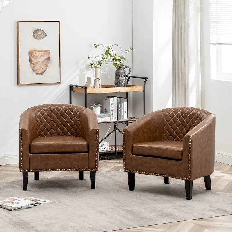 KINWELL 29  PU Faux Leather Club Armchair with Nailheads, Set of 2