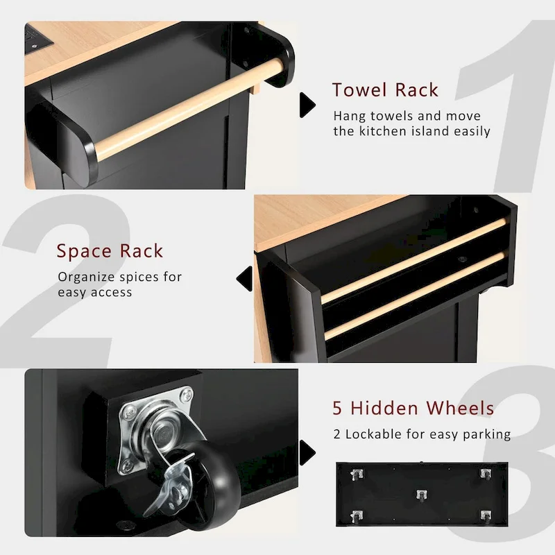 55.7 Kitchen Island with Drop Leaves, Rolling Cart with Power Outlet, Spice Rack, and 3 Drawers