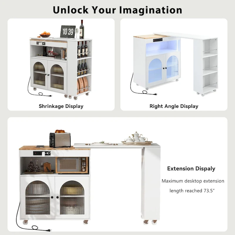 LED Lights Kitchen Island Cart With Extended Table and Power Outlets