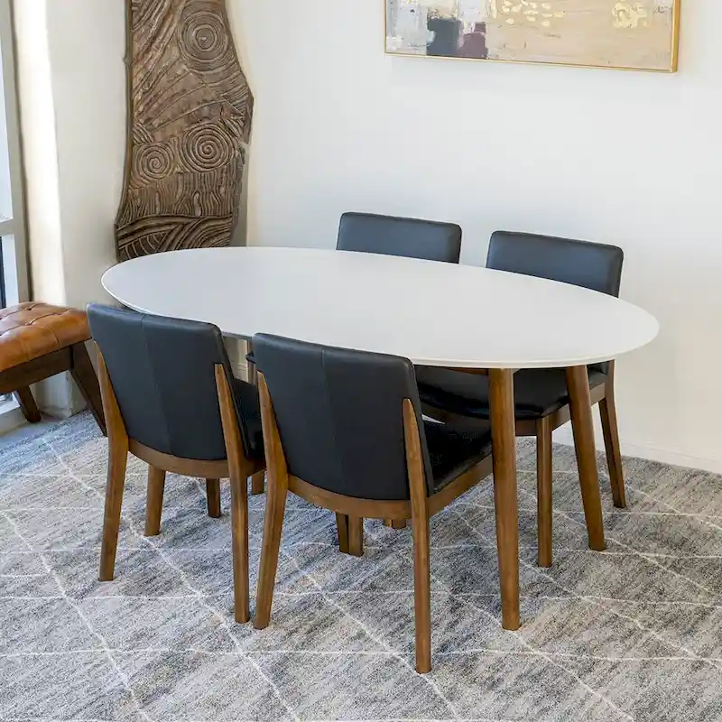 Kailea 5-Piece Mid-Century Modern Oval Dining Table with 4 Vegan Leather Dining Chairs in Black