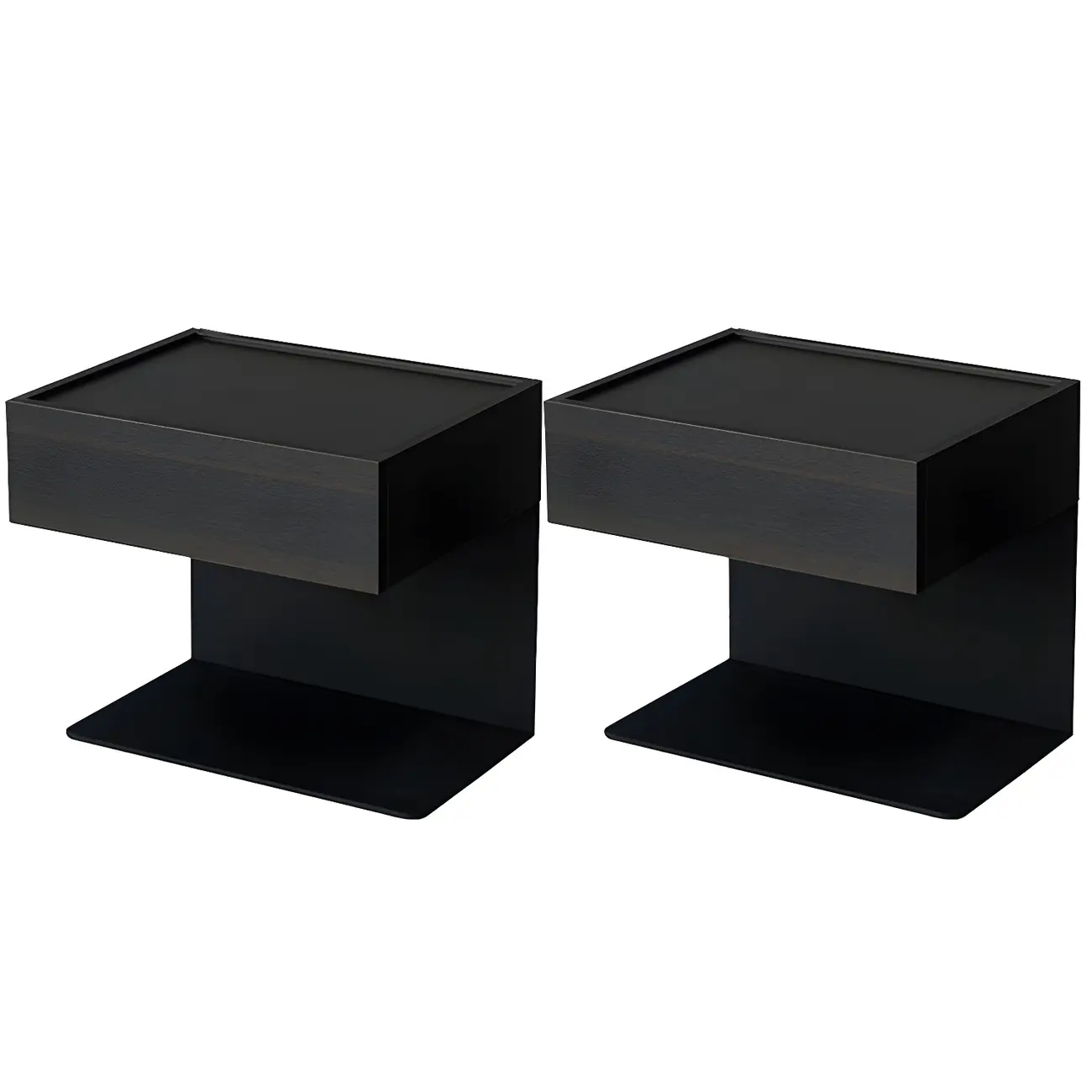 Black Steel Wood C-Shaped Drawer Nightstand with Light