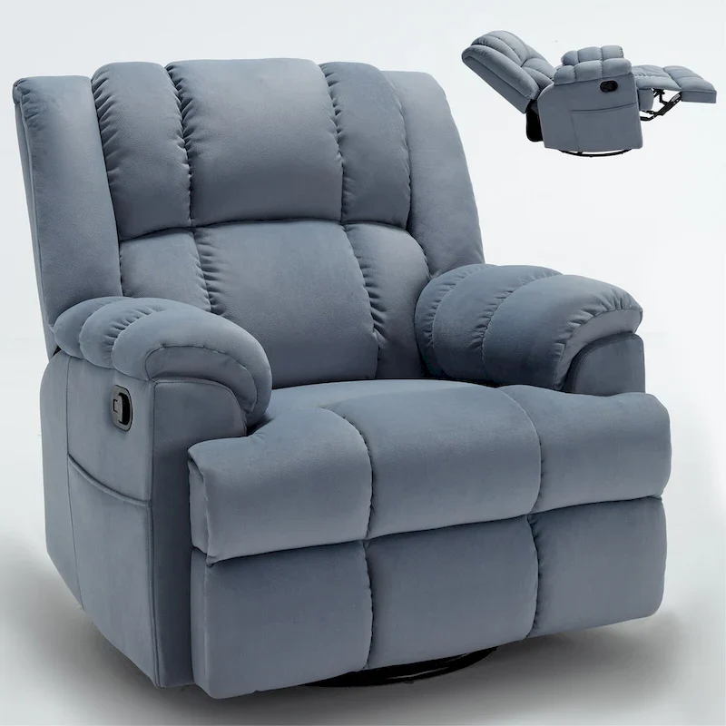 Swivel Rocker Fabric Recliner Chair, Overstuffed Large Manual Recliner Glider with Pillow Top Arms and Cushion Back