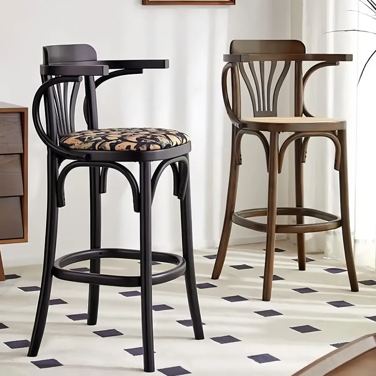 Mid-Century Wooden Round Upholstered Bar Stools with Back
