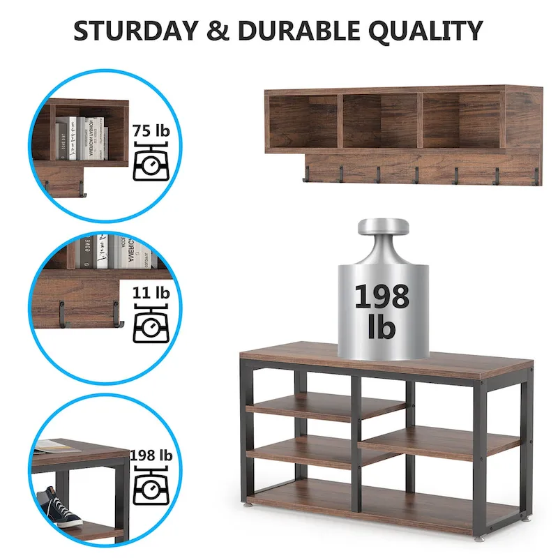 Hall Tree with 7 Hooks, Entryway bench with coat rack