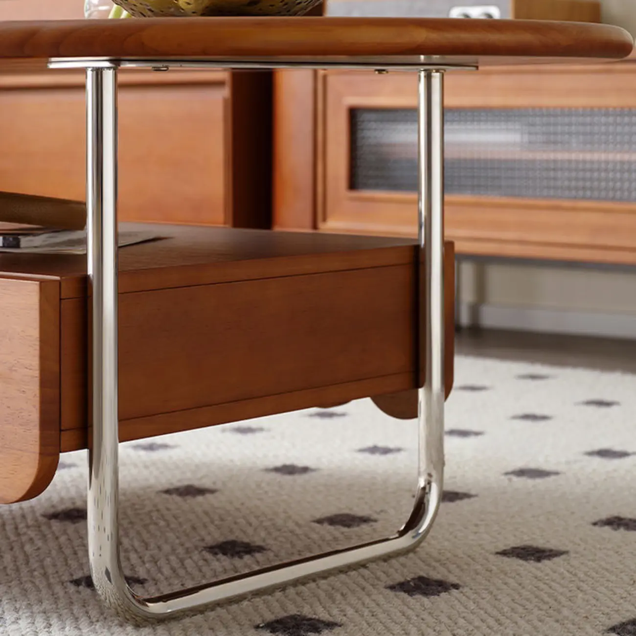 Oval Modern Wood Metal Sled Base Coffee Table