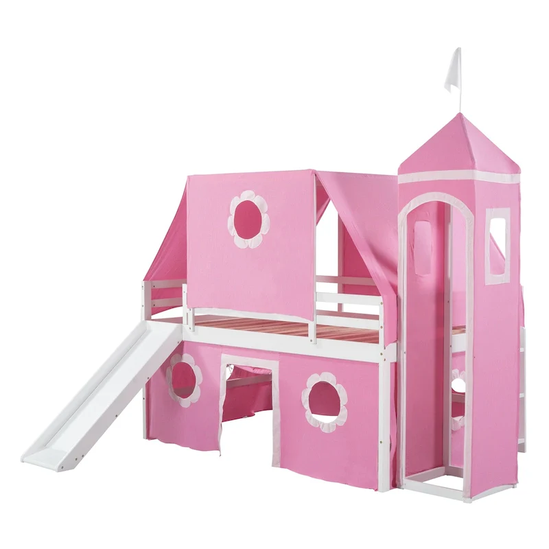 Full Size Loft Bed with Slide Pink Tent and Tower