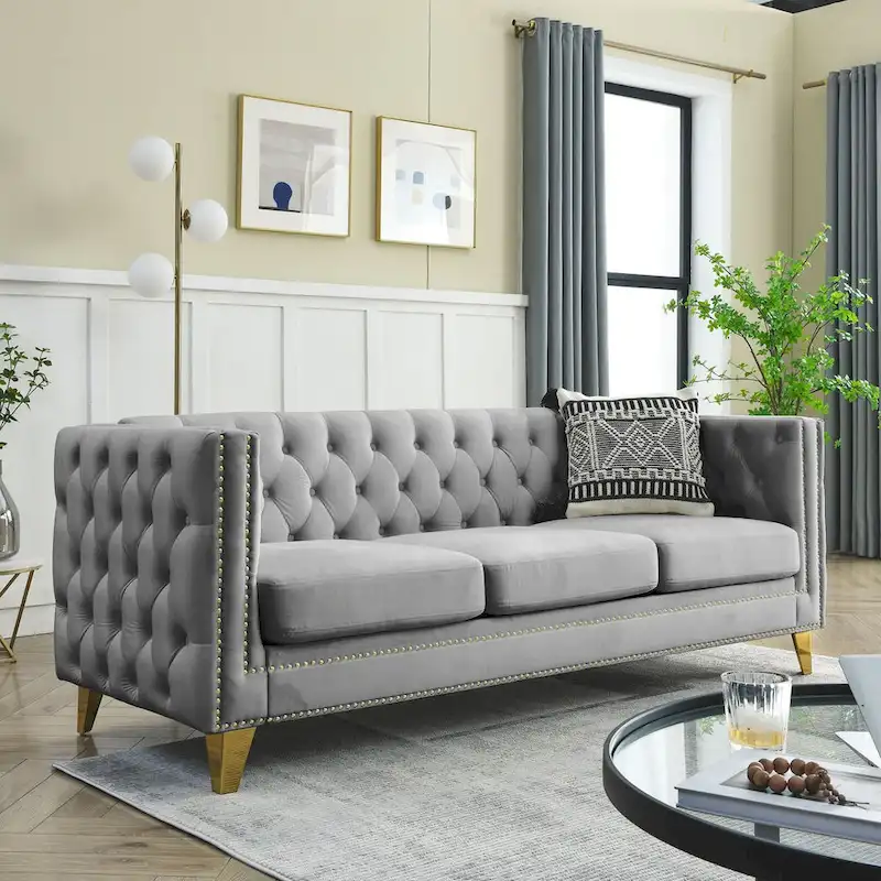 Velvet Upholstered 3 Seat Sofa,  Tufted Square Arm Sofa with Nailheads and Metal Legs