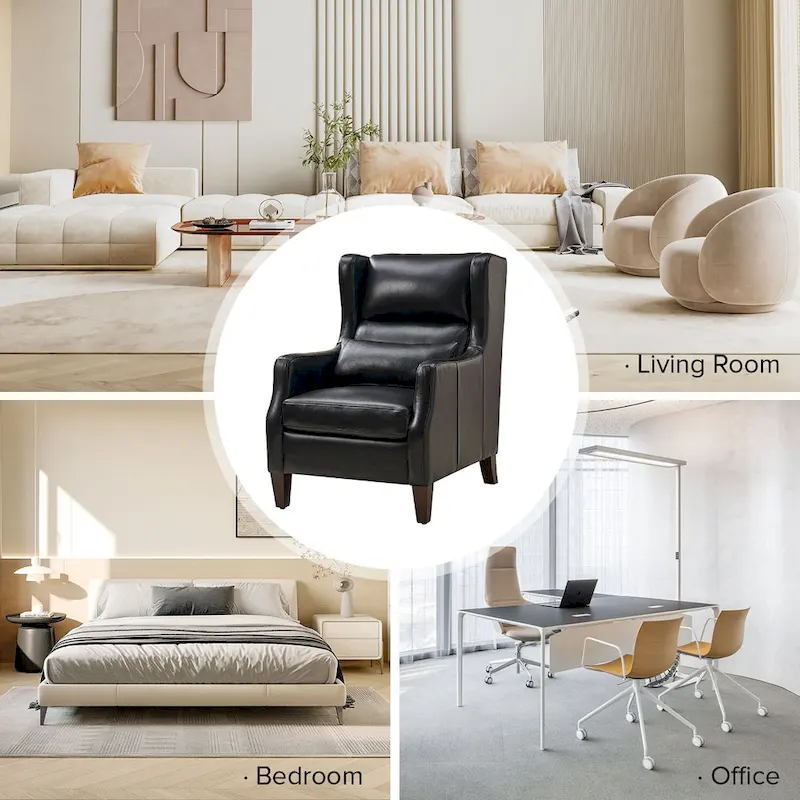 Genuine Leather Wingback Armchair with Pillow