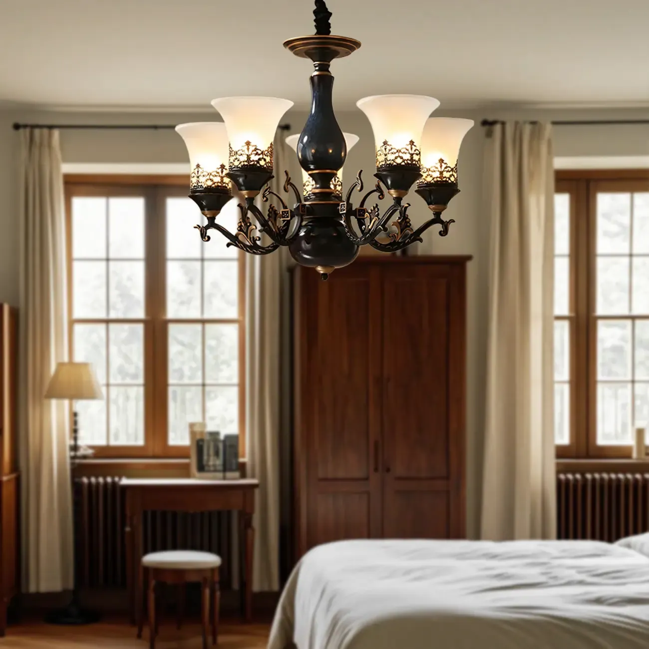 Mid-Century Living Room Black Frosted Wite Glass Bell Shape Chandelier