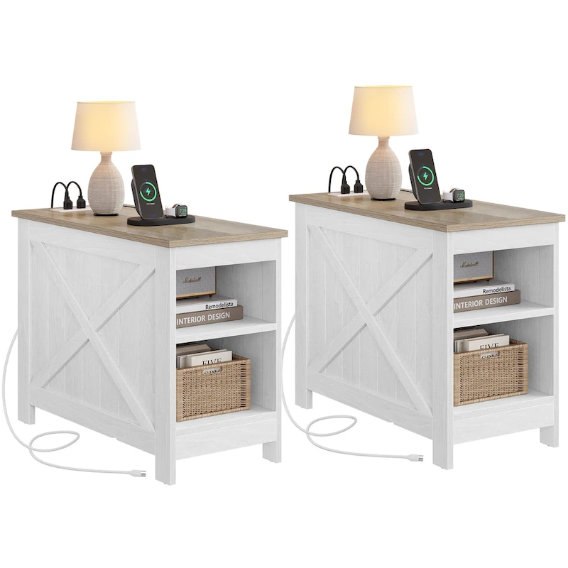 Moasis Set of 2 End Table with Charging Station Side Table with Storage, 2 Power Outlets & 2 USB Ports