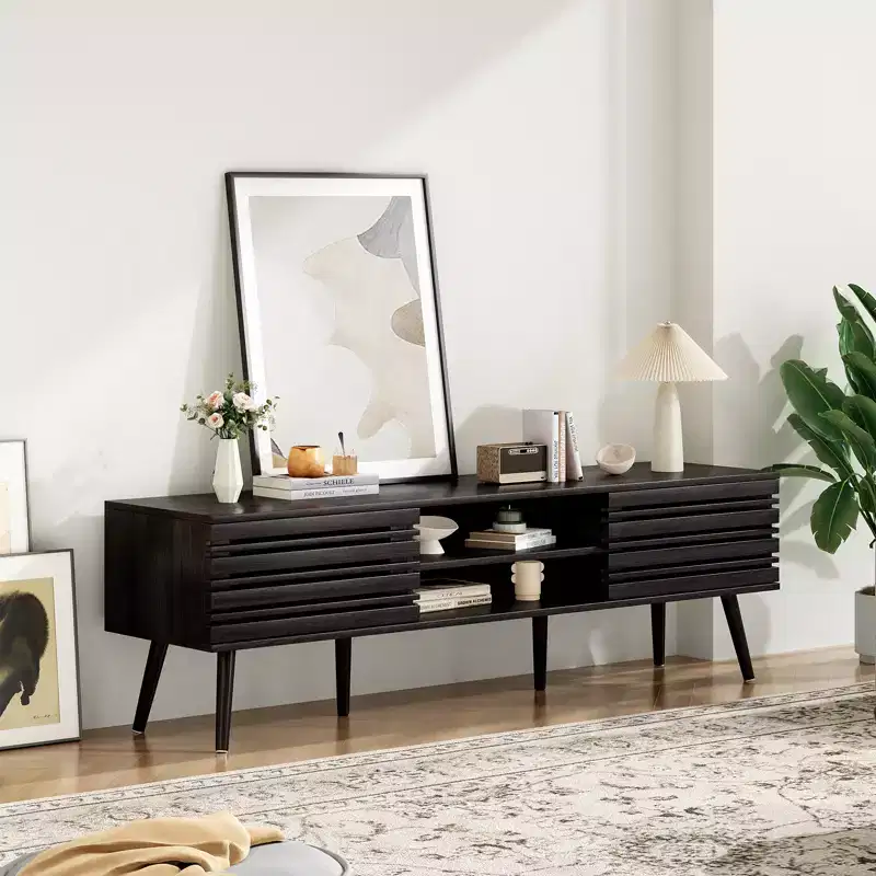 JVNOXK Mid Century Modern TV Stands for up to 70 TV with Storage, Fluted Wood TV Stand for Living Room, Boho Media Console,Dark Walnut