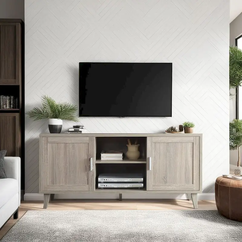 Stone Wash Grey / Classic Walnut MDF TV Stand Console with Panel Doors and Shelves – 60 in