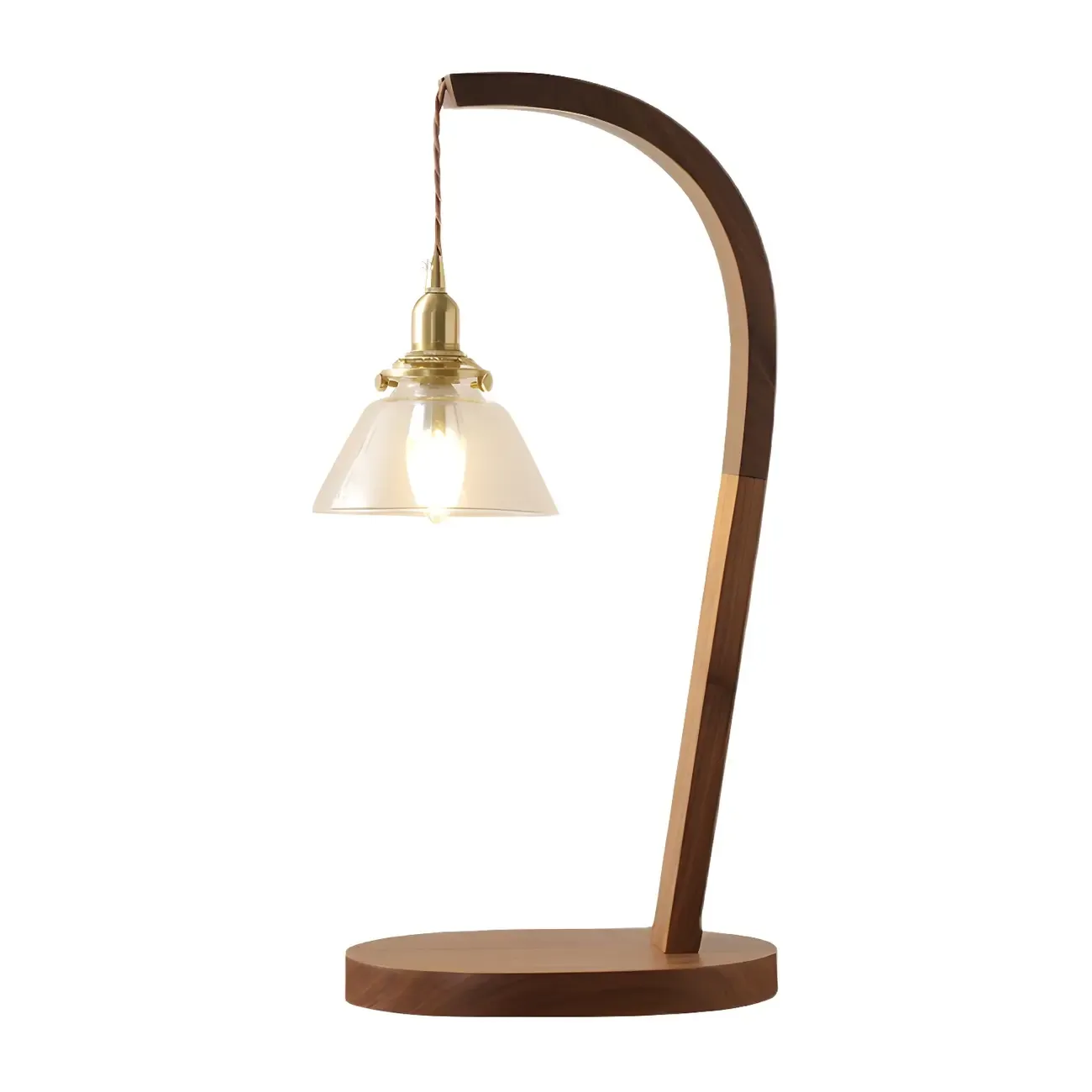 Retro Brown Gold Glass Wood Base Arched Table Lamp