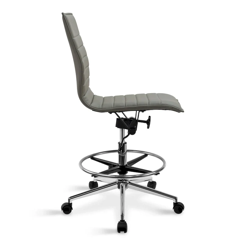 Modern Drafting Chair Upholstered PU Leather Ribbed Armless Mid Back with Tall Adjustable Base & Leg Rest