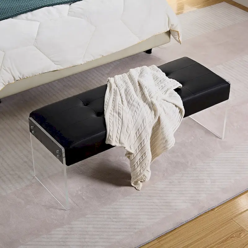 Upholstered Entryway Bench, Faux Leather Bedroom/Living Room Bench, Acrylic Base 44.7-inch