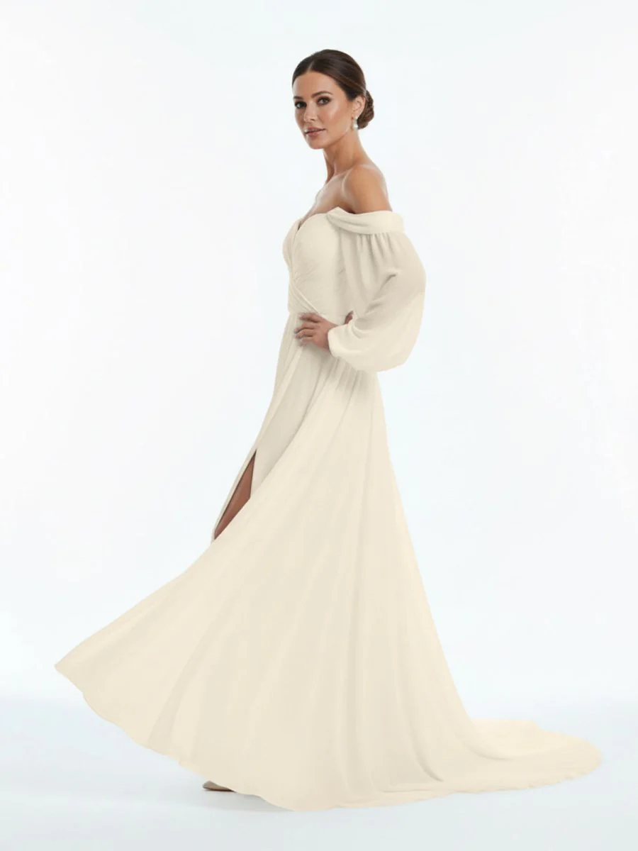 A-Line Sweetheart Long Sleeves Chiffon Sweep Train Wedding Dress