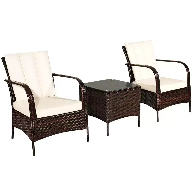 Costway 3 PCS Patio Wicker Rattan Furniture Set Coffee Table & 2 Rattan Chair W/Cushions