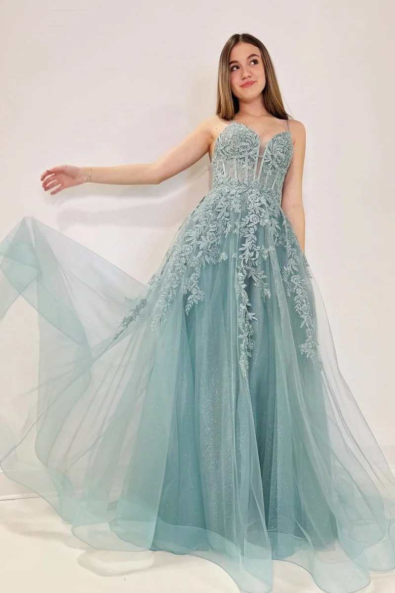 Tulle Appliques Lace-Up A-Line Long Prom Dress
