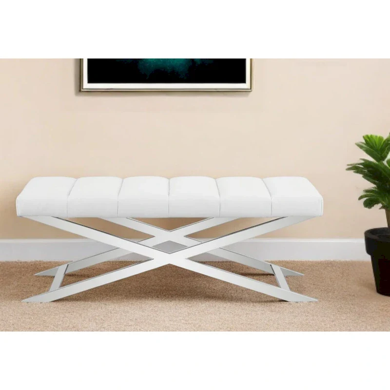 Cream and Wood Brown Upholstered Polyester Blend Bench - 55