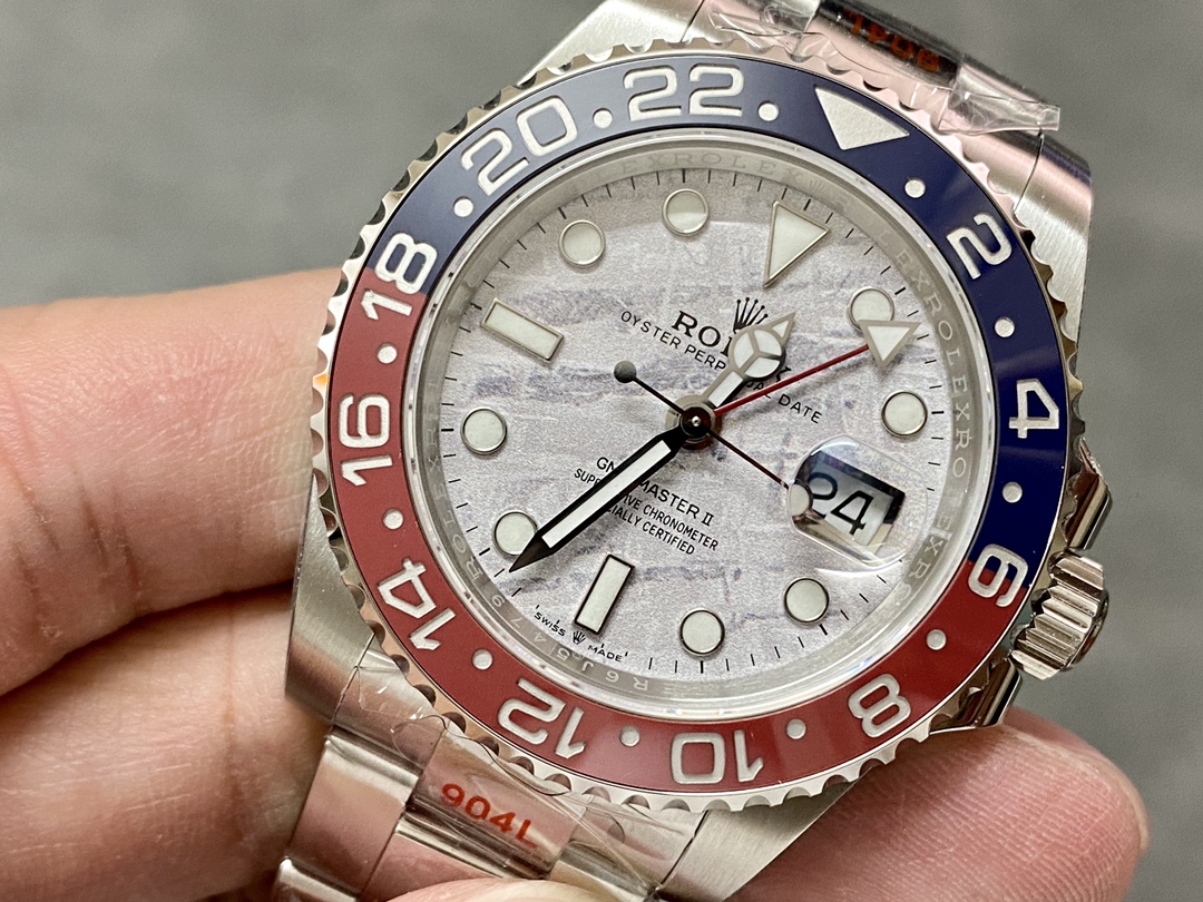 GMT-Master II Pepsi bezel replica watch on wrist with 904L stainless steel bracelet