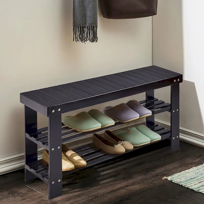 3-Tier Bamboo Shoe Rack Bench, Black / Natural, 2-Person Seat