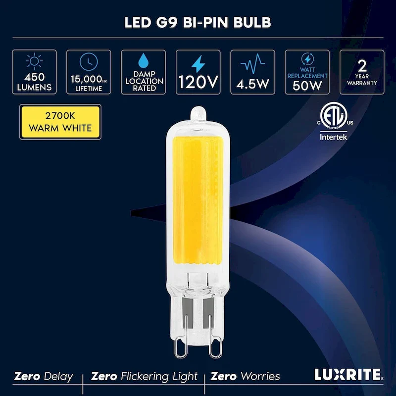 Luxrite G9 LED Bulb Dimmable 4.5W, 50 Watt Equivalent, 450LM, Glass G9 Bi Pin Base, ETL (5 Pack)