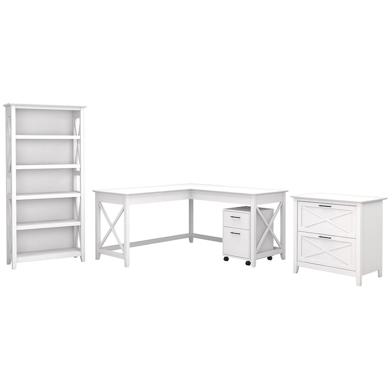 Key West 60W L Desk with File Cabinets and Bookcase by Bush Furniture