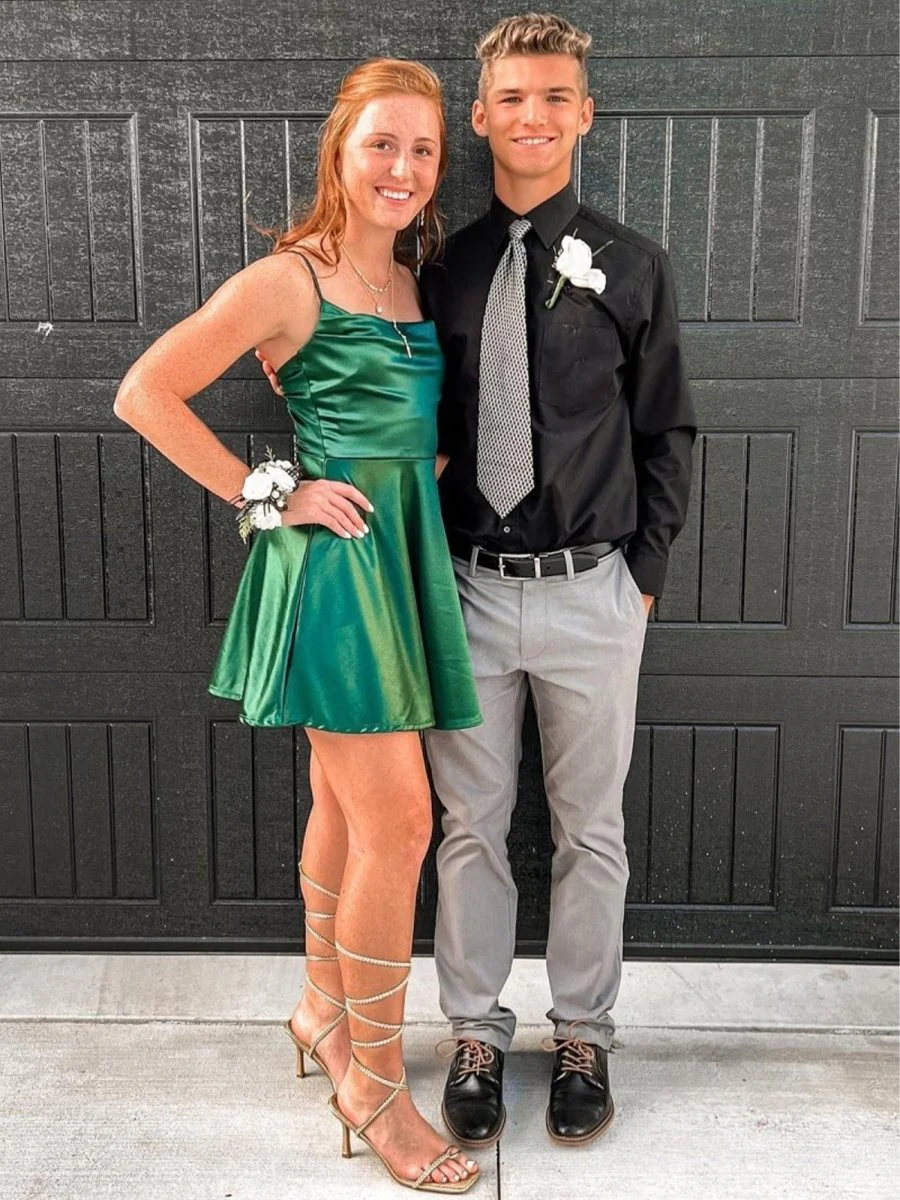 Emerald - Square Neck Satin A Line Short Homecoming Dresses