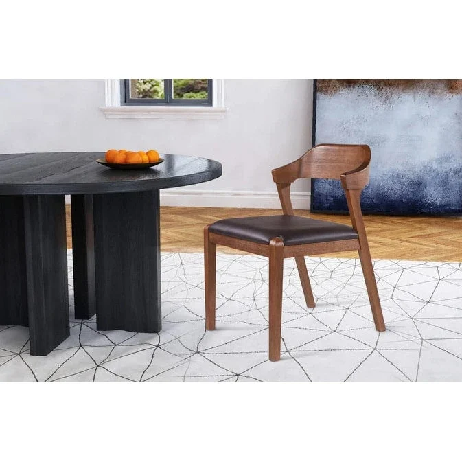 Mid-Century Rubberwood Dining Chair with Faux Leather Seat – Chestnut Wire-Brush
