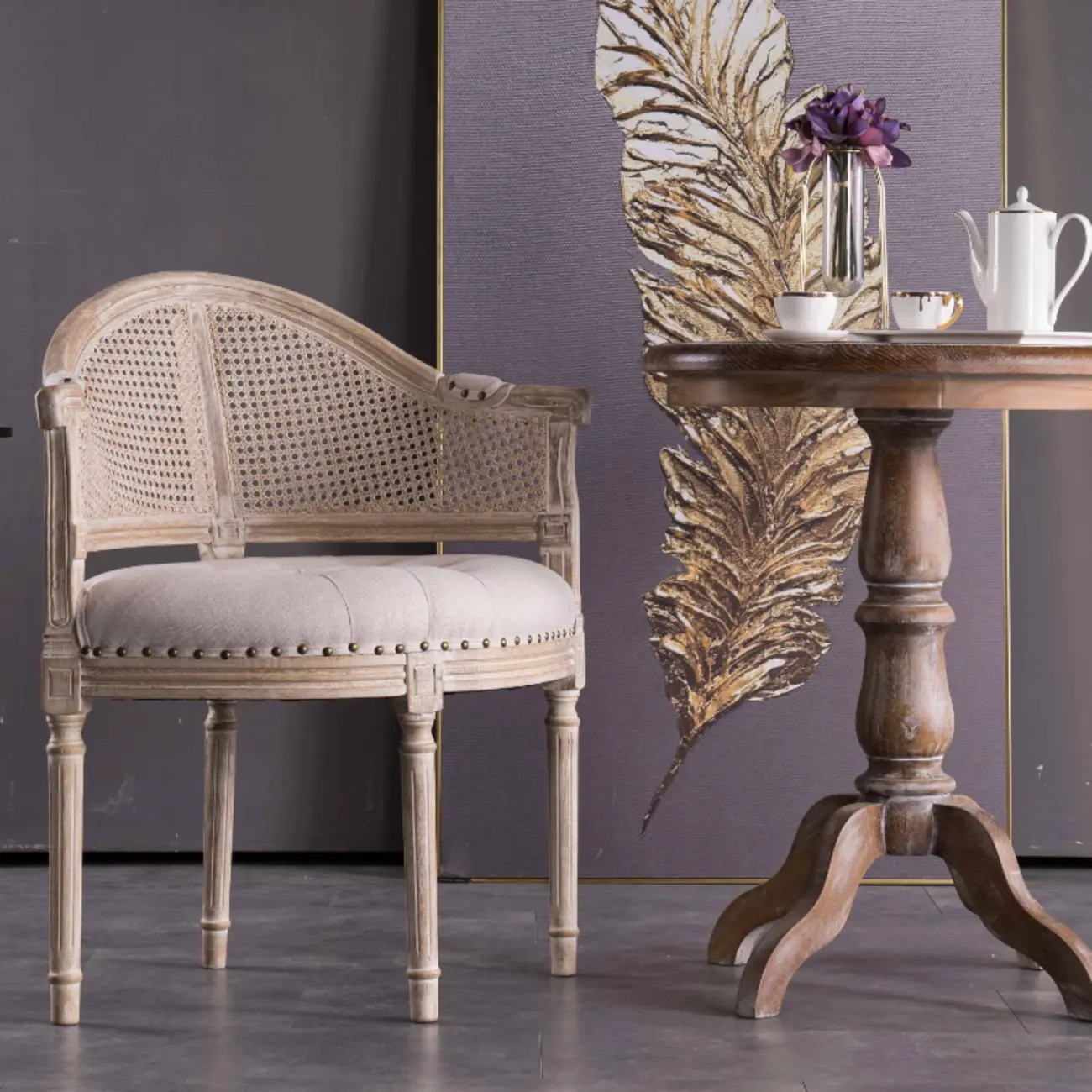 Rustic Rattan Upholstered Wood Dining Chair