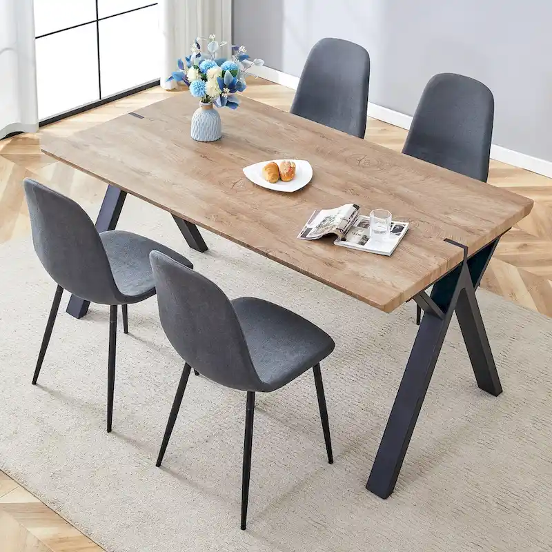 Modern Dining Set with Rectangular Black A-Frame Table & Round Backrest Chairs