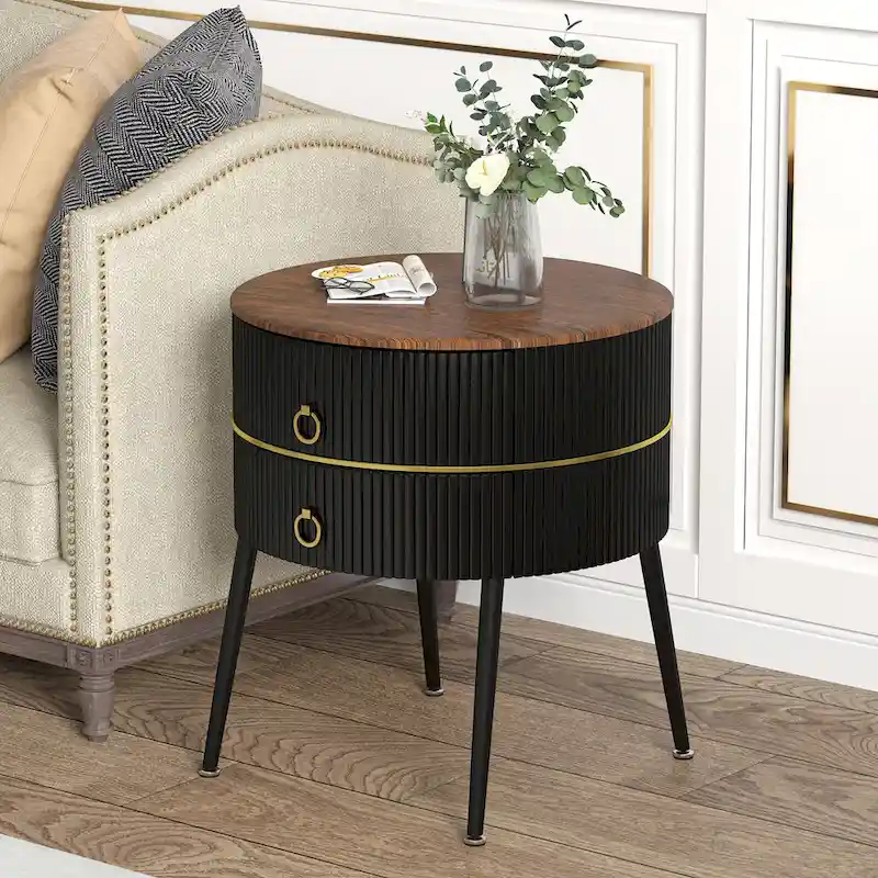 Round End Table with 2 Storage Drawers