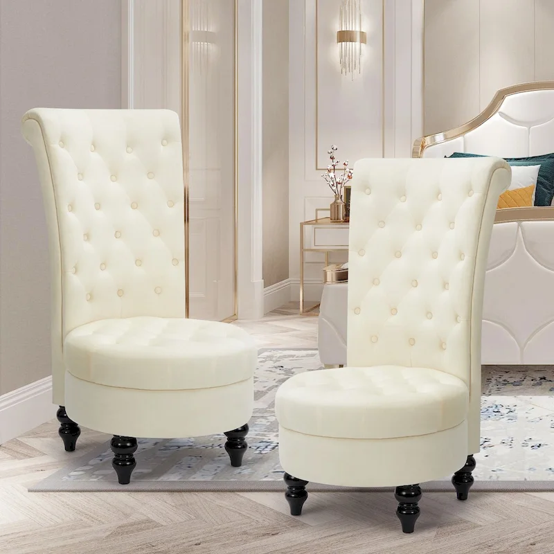 High-Back Velvet Accent Chair with Rubberwood Legs, Set of 2 – Beige/Black/Red/White
