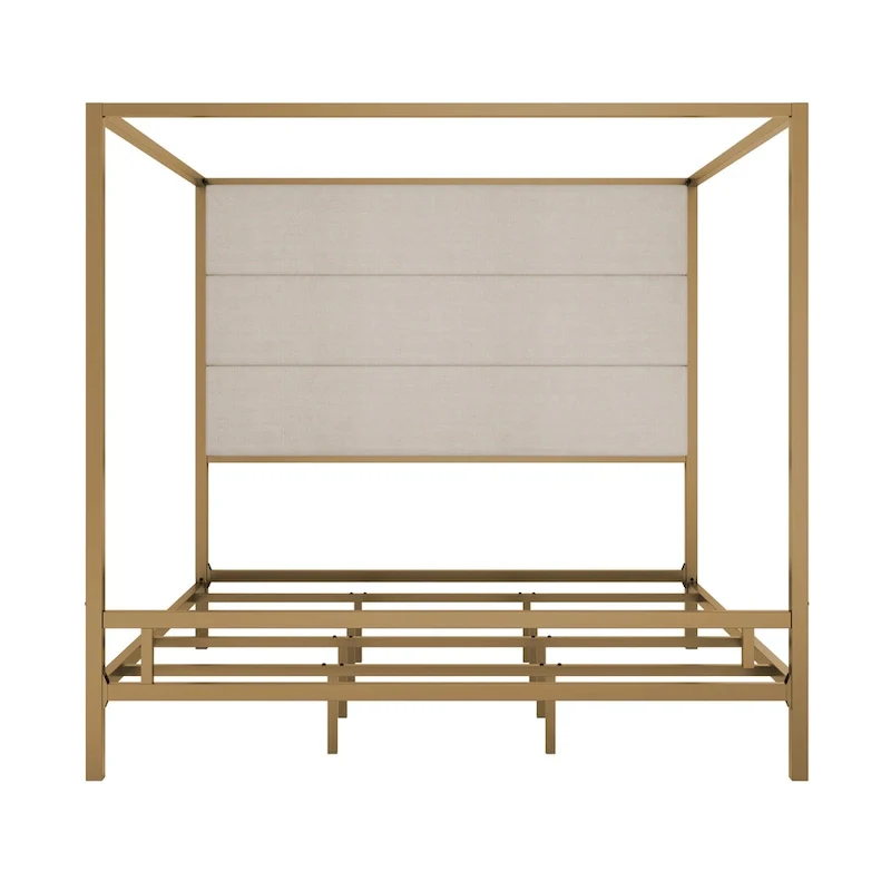 Sleek Modern Metal Canopy Bed with Tall Linen Upholstered Headboard