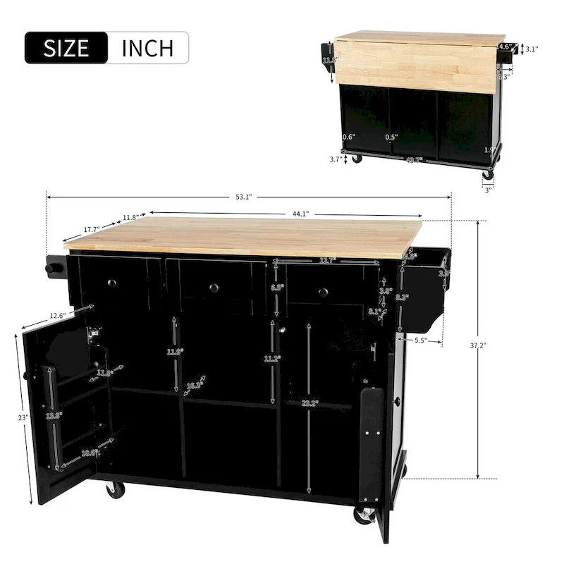 Kitchen Cart with Rubber wood Drop-Leaf Countertop
