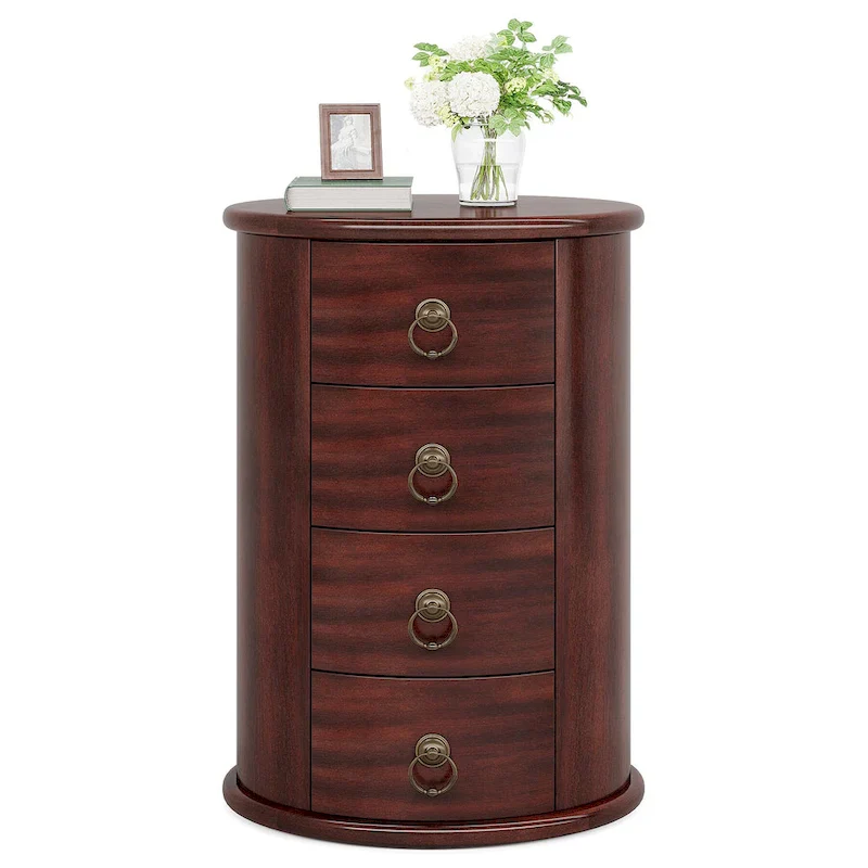 Cherry Brown Nightstand with 4 Drawers - Mid-Century Wood Bedside Table