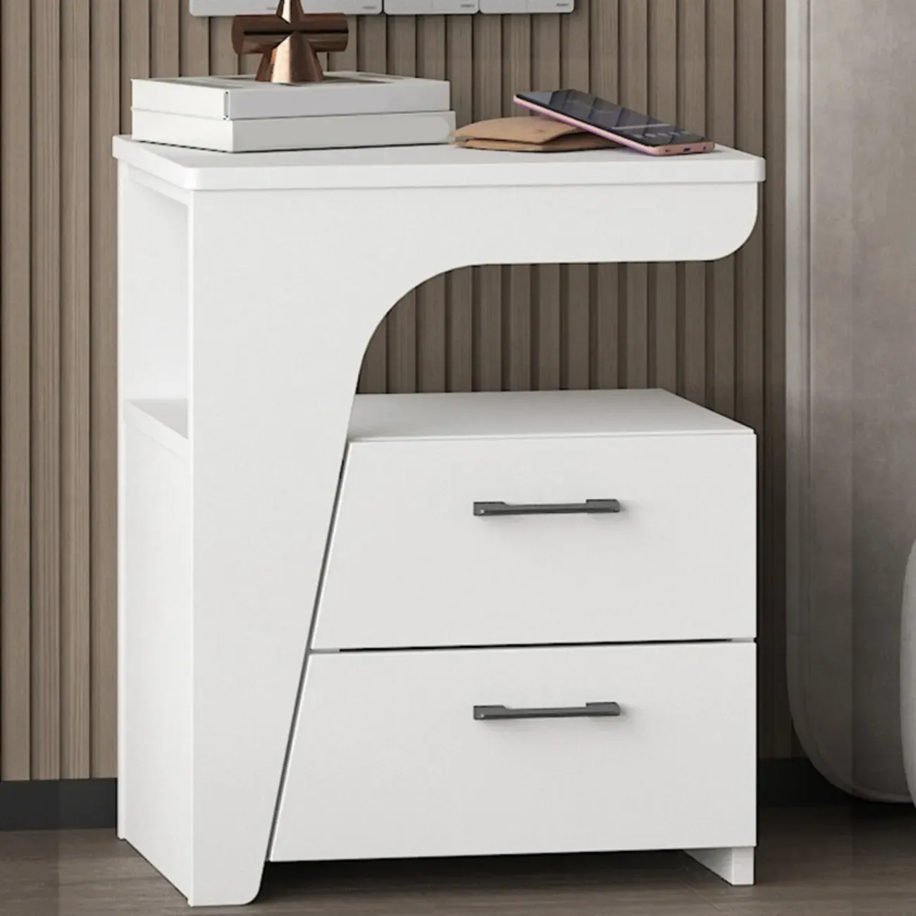 Modern White Bedside Table with 2 Storage Drawers