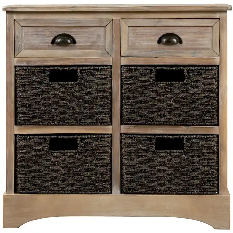 Rustic Storage Cabinet with Two Drawers and Four Classic Rattan Basket for Dining Room/Entryway/Living Room