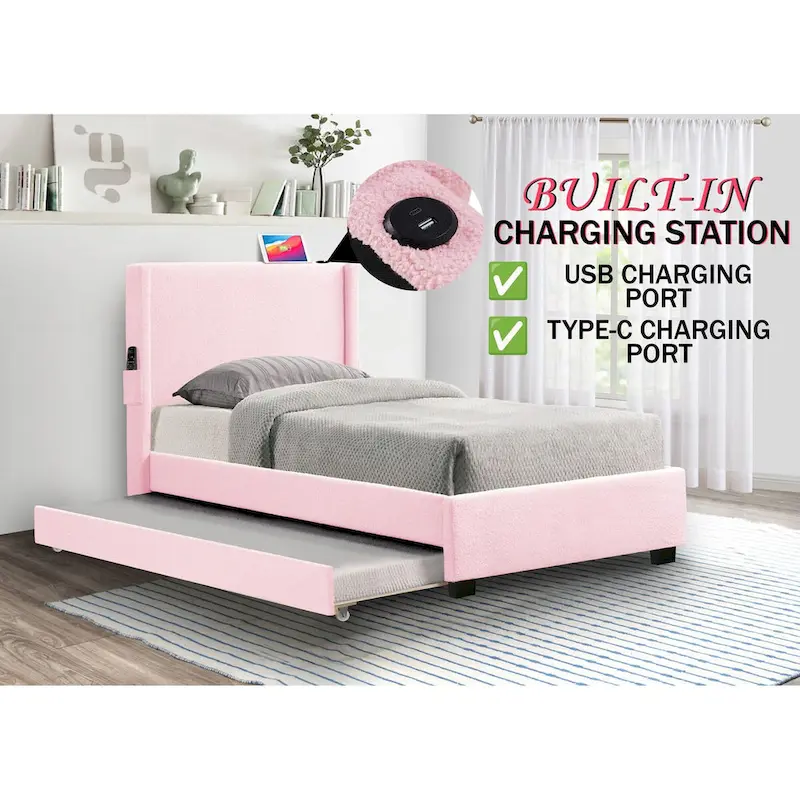 Twin Size Bed Frame With Trundle Bed, Teddy Fabric, Usb Functionality, And A Pocket Design On The Side Of The Headboard