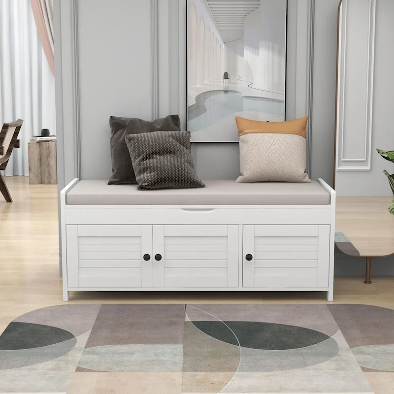Upholstered Storage Ottoman Bench with 3 Shutter-Shaped Doors Cabinet