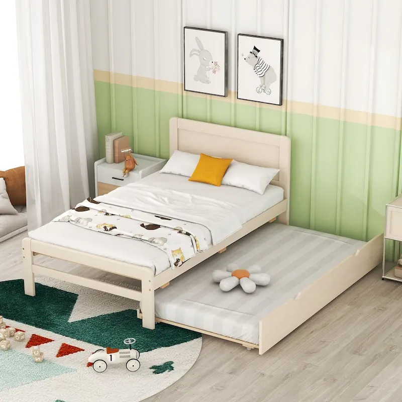 White Solid Wood Twin Bed with Trundle | Rubberwood & Plywood | Kids & Adults