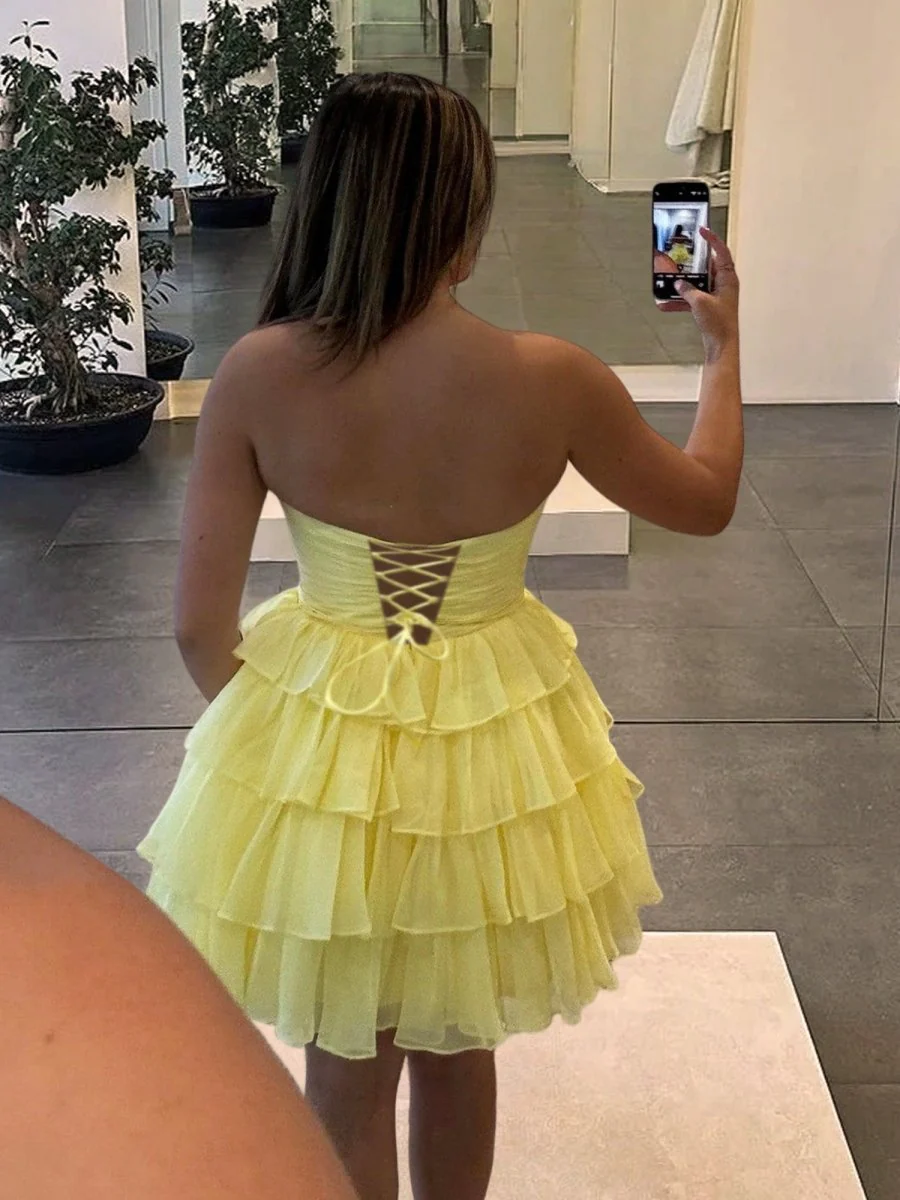 Yellow - Strapless A Line Chiffon Ruffled Cocktail Dresses With Bow