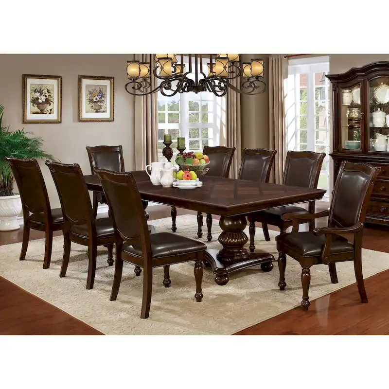 Madzharovo Traditional Brown Cherry Faux Leather Formal 9-Piece Dining