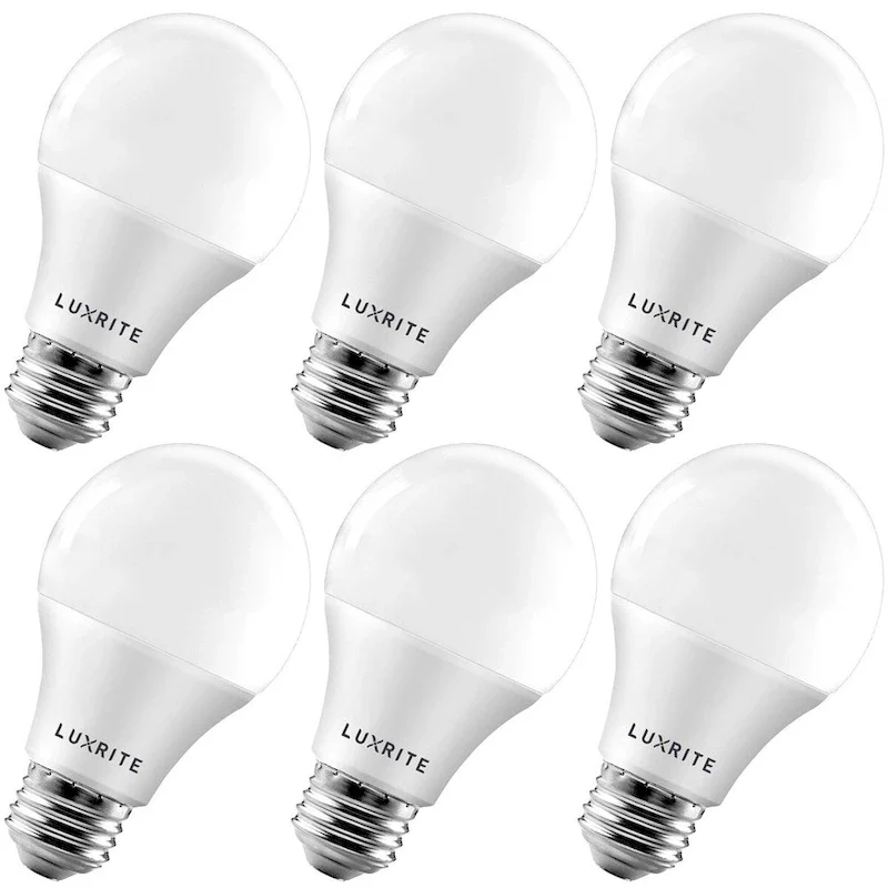 Luxrite A19 LED Light Bulb 60W Equivalent, Dimmable, 800 Lumens, Enclosed Fixture Rated, Energy Star, E26 Base (6 Pack)