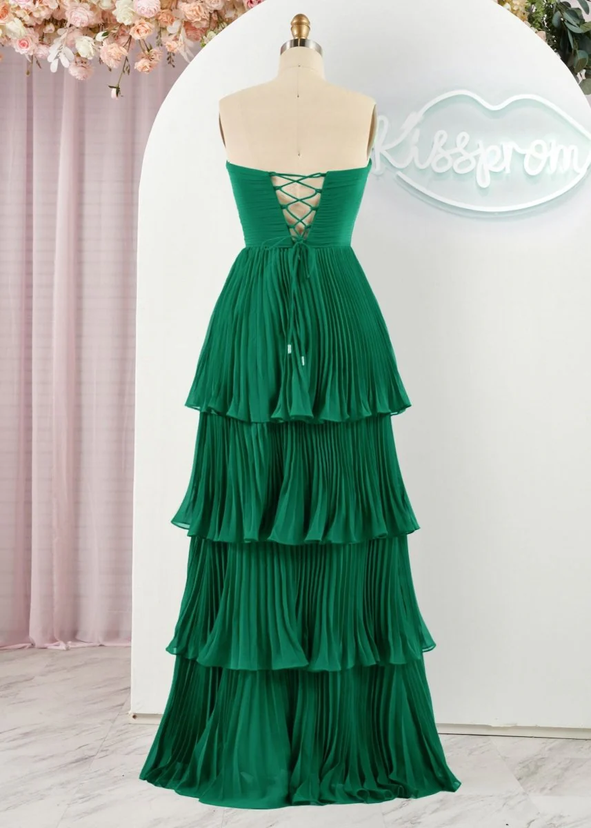Strapless Emerald Green Ruffle Multi-Layer Long Prom Dress